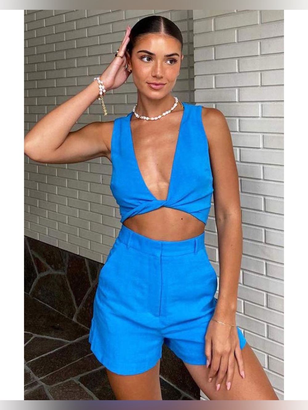 COMMENSE Twist Front Crop Top & High Waist Shorts Set